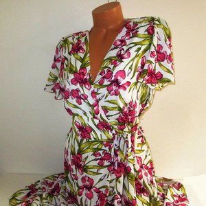 June & Hudson Iris Floral Wrap Midi Dress Sz XL Flutter Sleeve Ivory Pink Olive